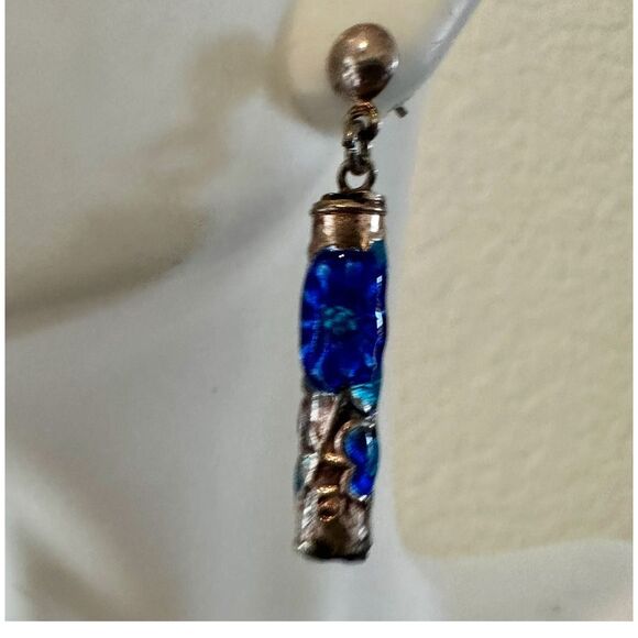 Sterling silver blue barrel  enamel vintage  drop earrings - Picture 1 of 6